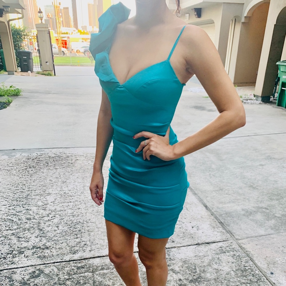 Arden B Turquoise Ruffle One Shoulder Dress